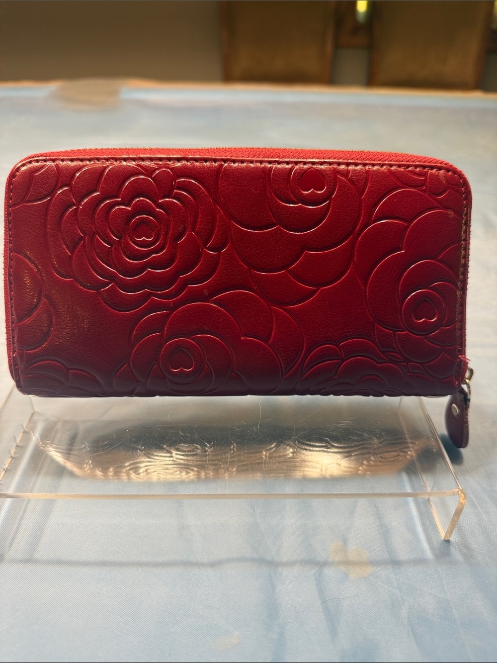 Zip-Around Floral Embossed Wallet - Red - Picture 1 of 4